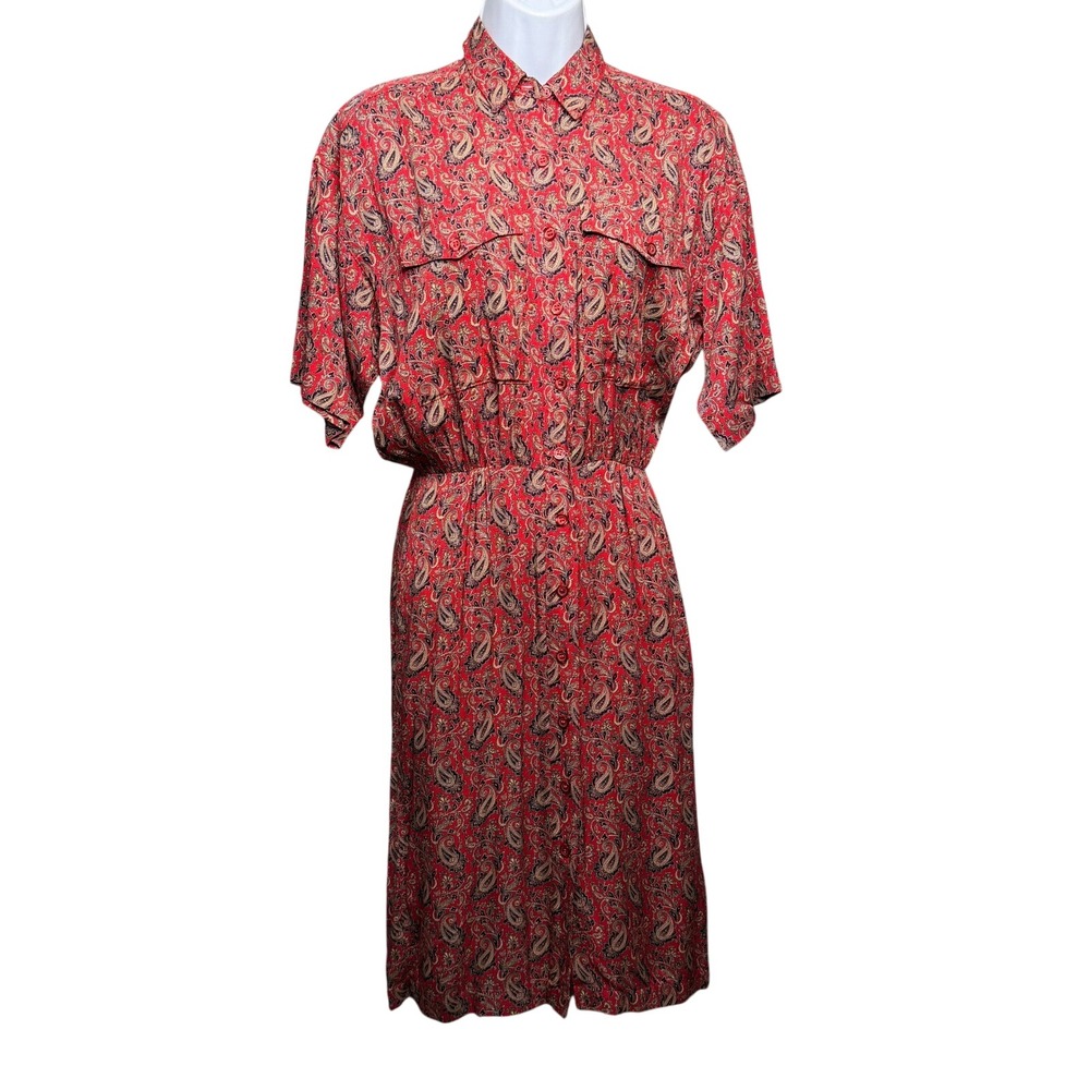 Vtg J.G. Hook Shirt Dress Womens 4 Red‎ Paisley Rayon Short Sleeve Midi Nautical